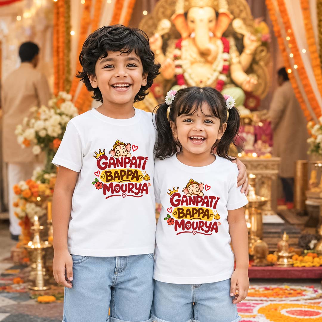 Ganapathi Bappa Moriya Sibling Kids Twinning T-Shirt | Ganpati Design White T-Shirt