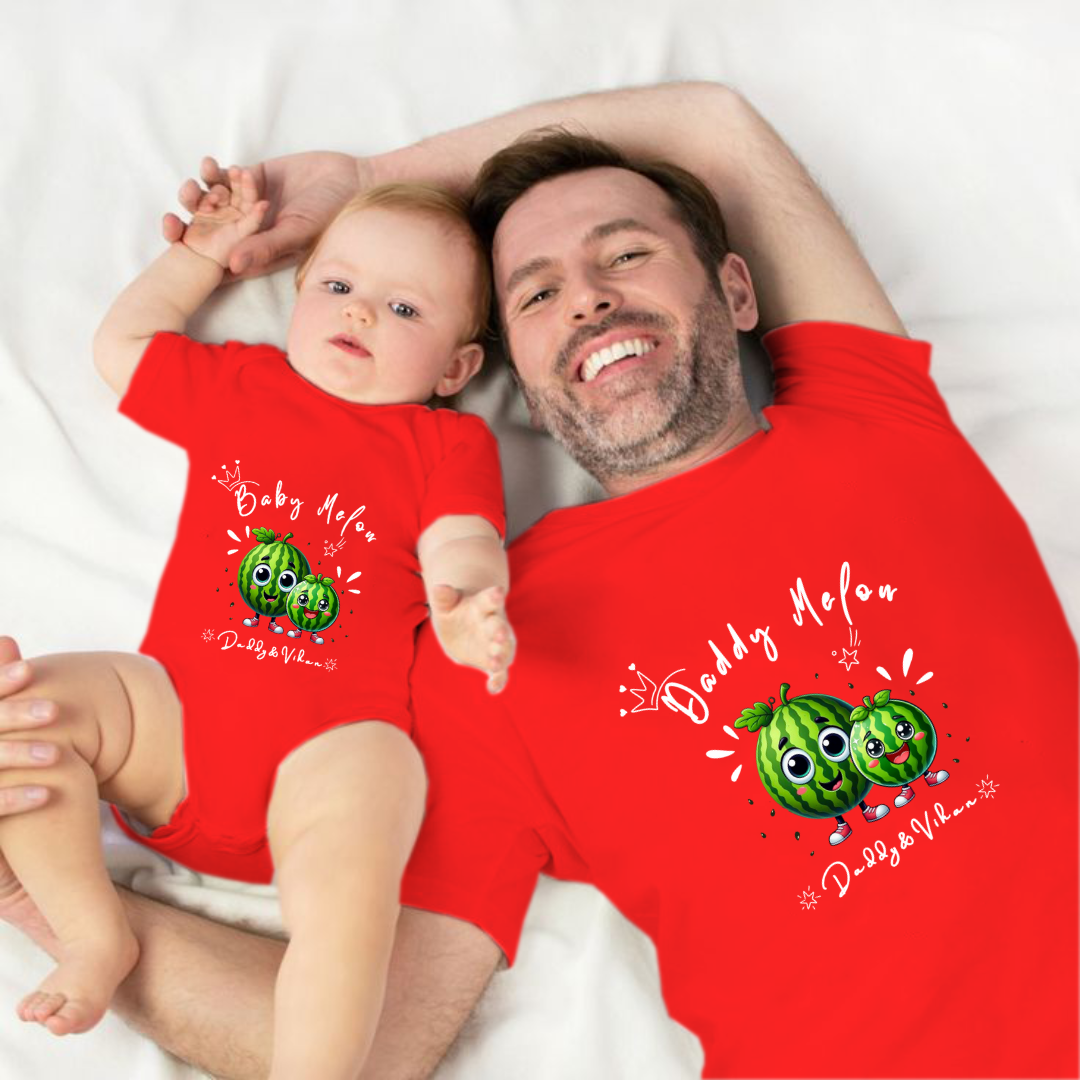 Father's Day Twinning Sets Melon T-shirt and onesie customized baby name _red onesie