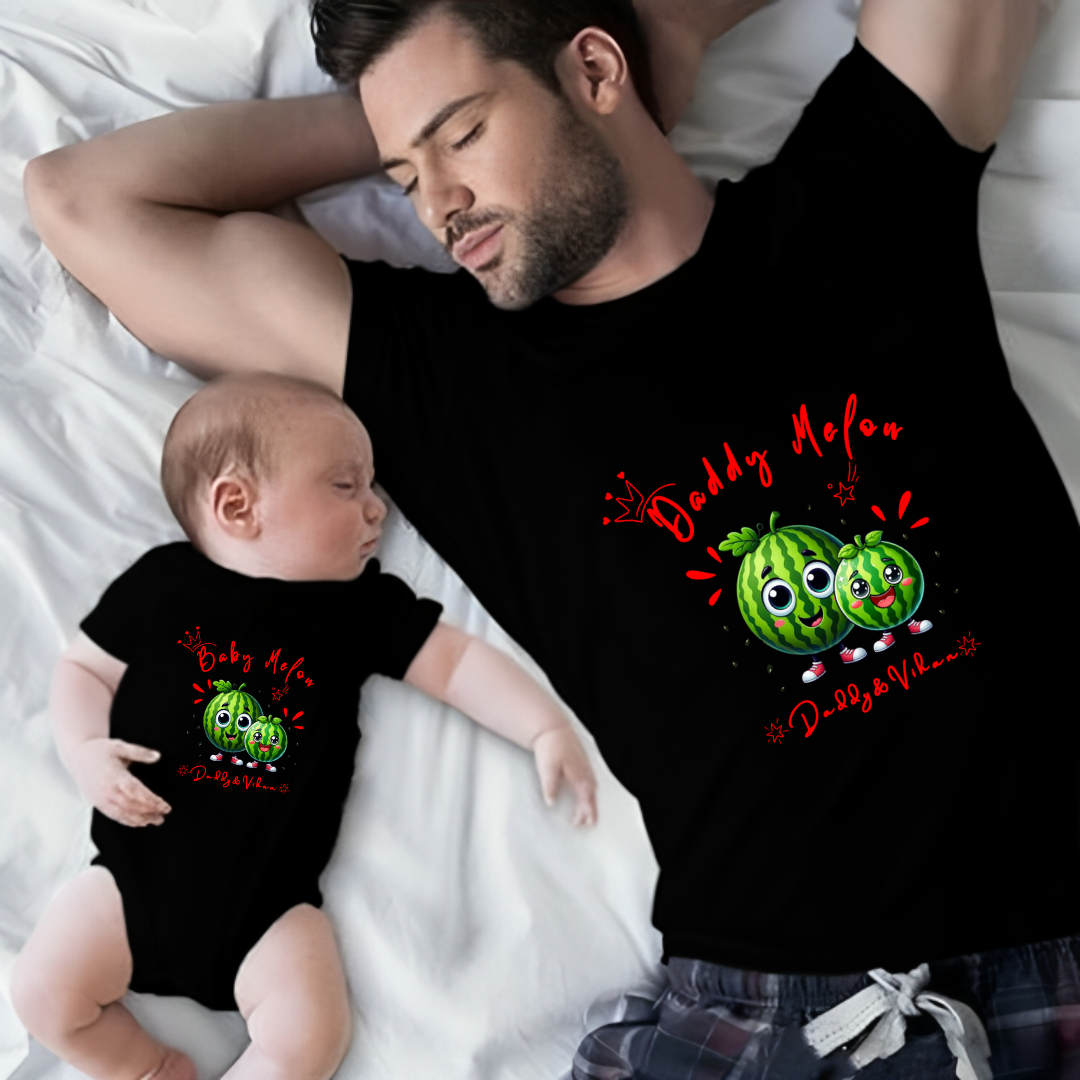Father's Day Twinning Sets Melon T-shirt and onesie customized baby name _black onesie