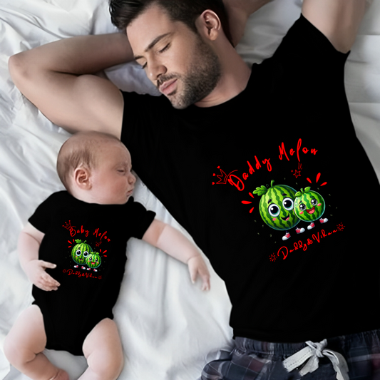 Father's Day Twinning Sets Melon T-shirt and onesie customized  baby name _black onesie