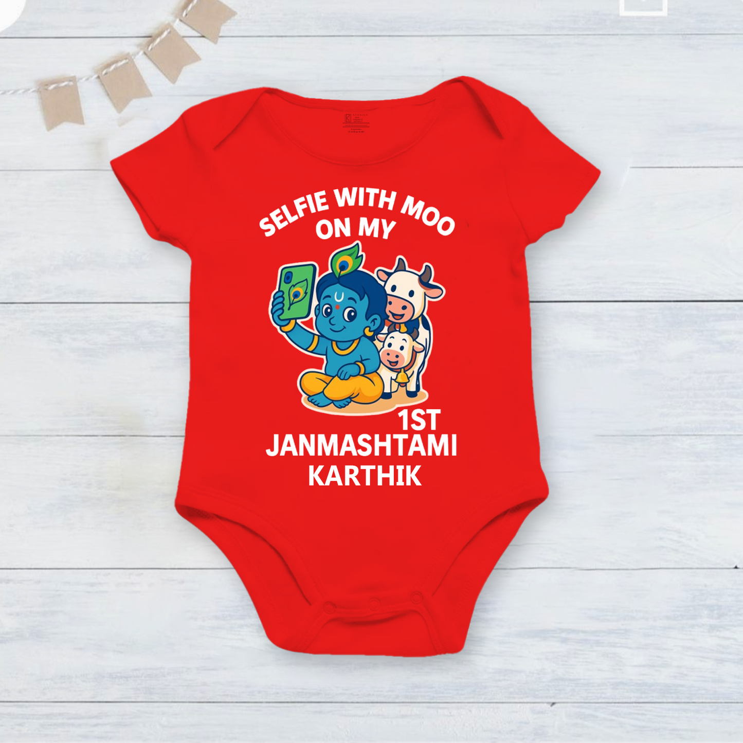 My First Janmashtami with customised baby name_ Red Onesie