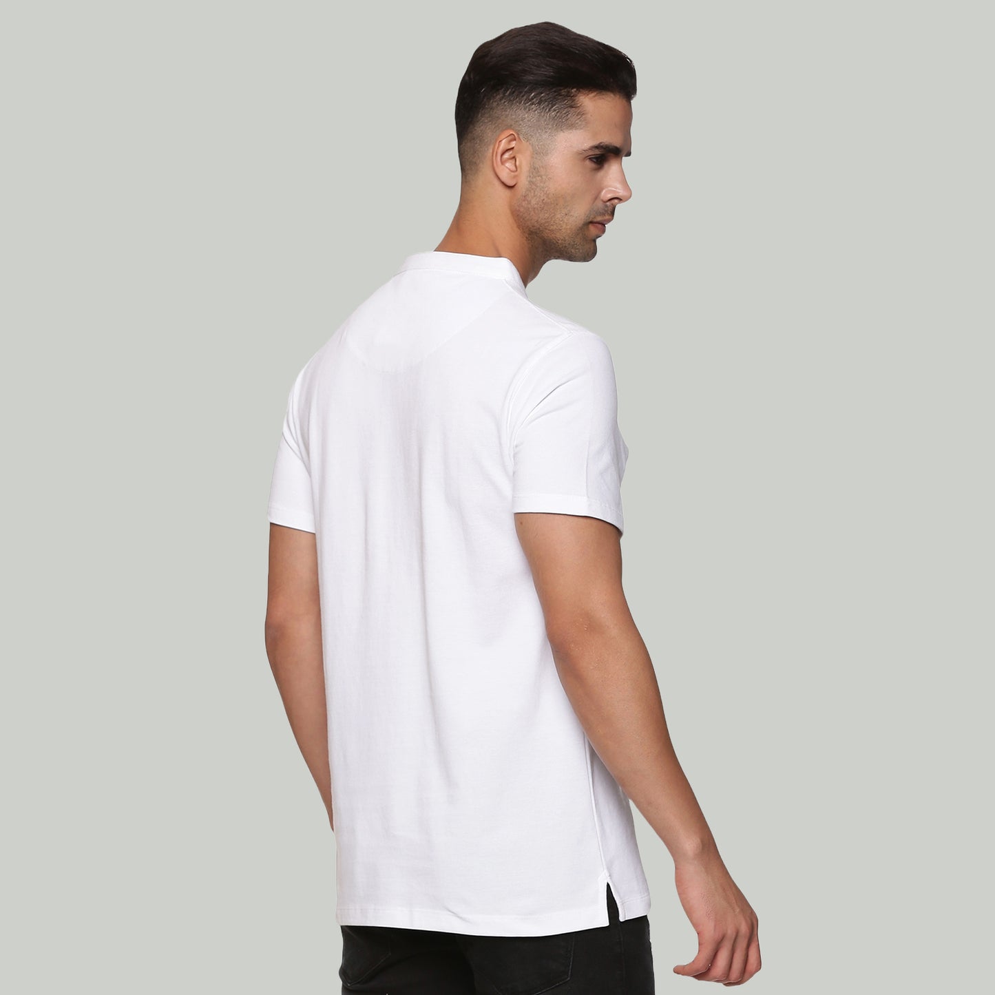 Men White Mandarin Collar Organic Cotton T-Shirt