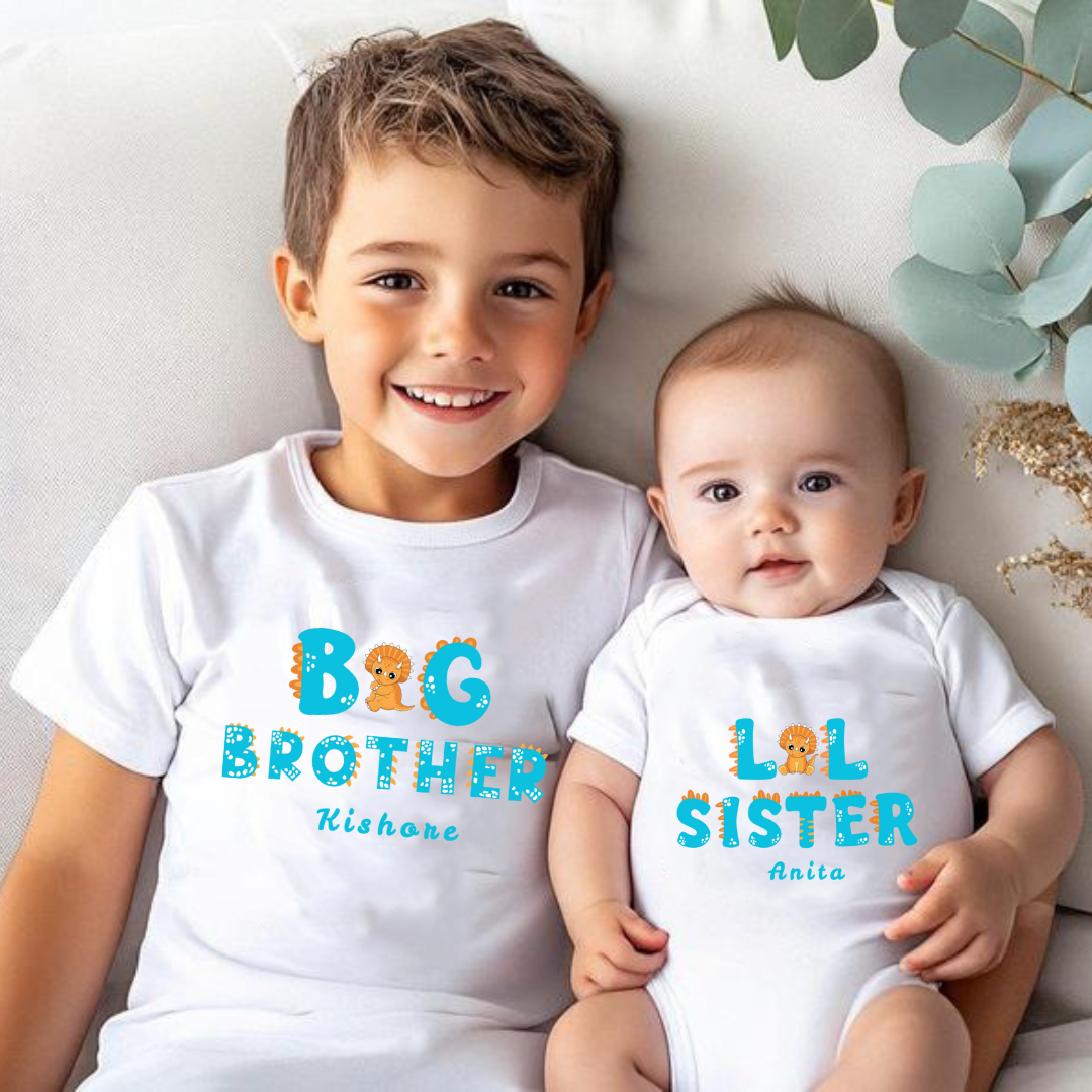 Combo pack of Big Brother, Little Sister with Customised Name_ White Tees & Onesie