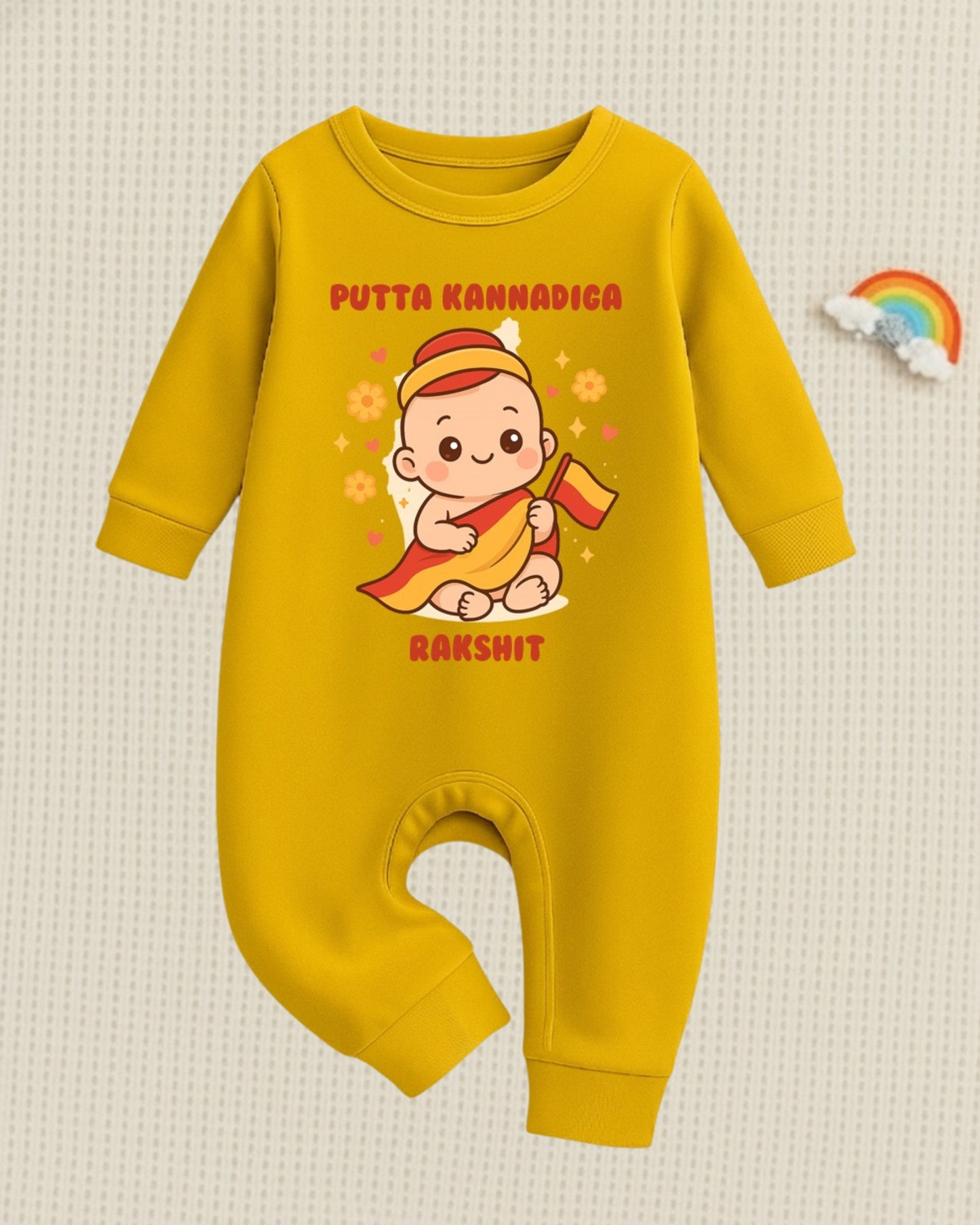 Putta Kaanadiga With Customized Baby Name _ Yellow Full Romper