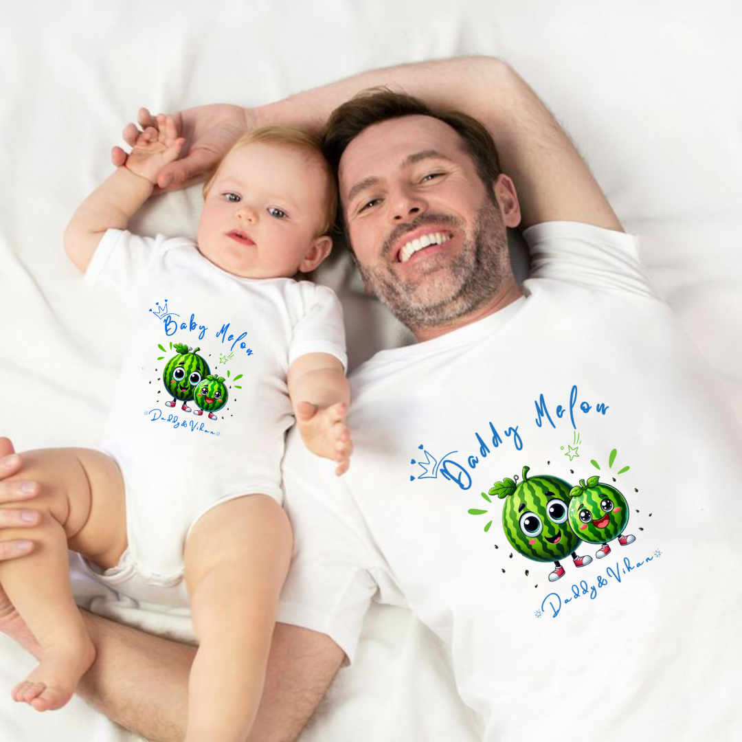 Our First Father's Day Twinning Sets Melon T-shirt and onesie customized baby name _white onesie