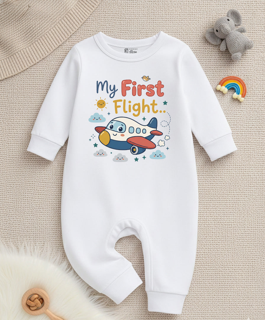 Karmikh My First Flight Baby Romper | Airplane Print Full Sleeve Baby Onesie for Newborn Boys & Girls | Cute Travel-Themed Baby Outfit | Sizes 0–3M to 9–12M