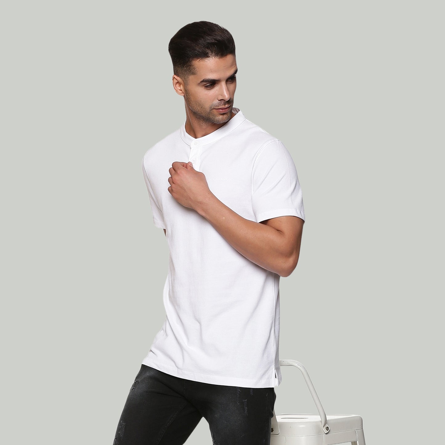 Men White Mandarin Collar Organic Cotton T-Shirt