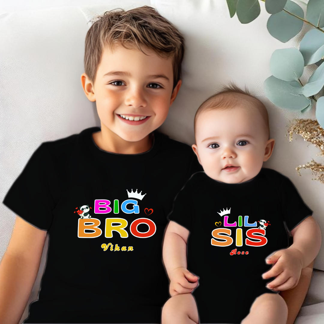 Combo pack of Big Brother, Little Sister Crown design with Customised Name_ Black Tees & Onesie