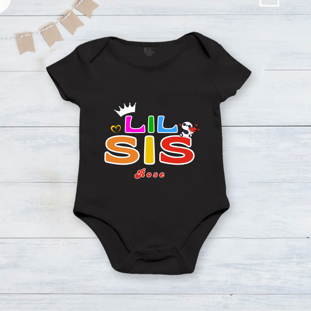 Rakhsha Bandhan as Little Sister crown design with customised name _ Black Onesie