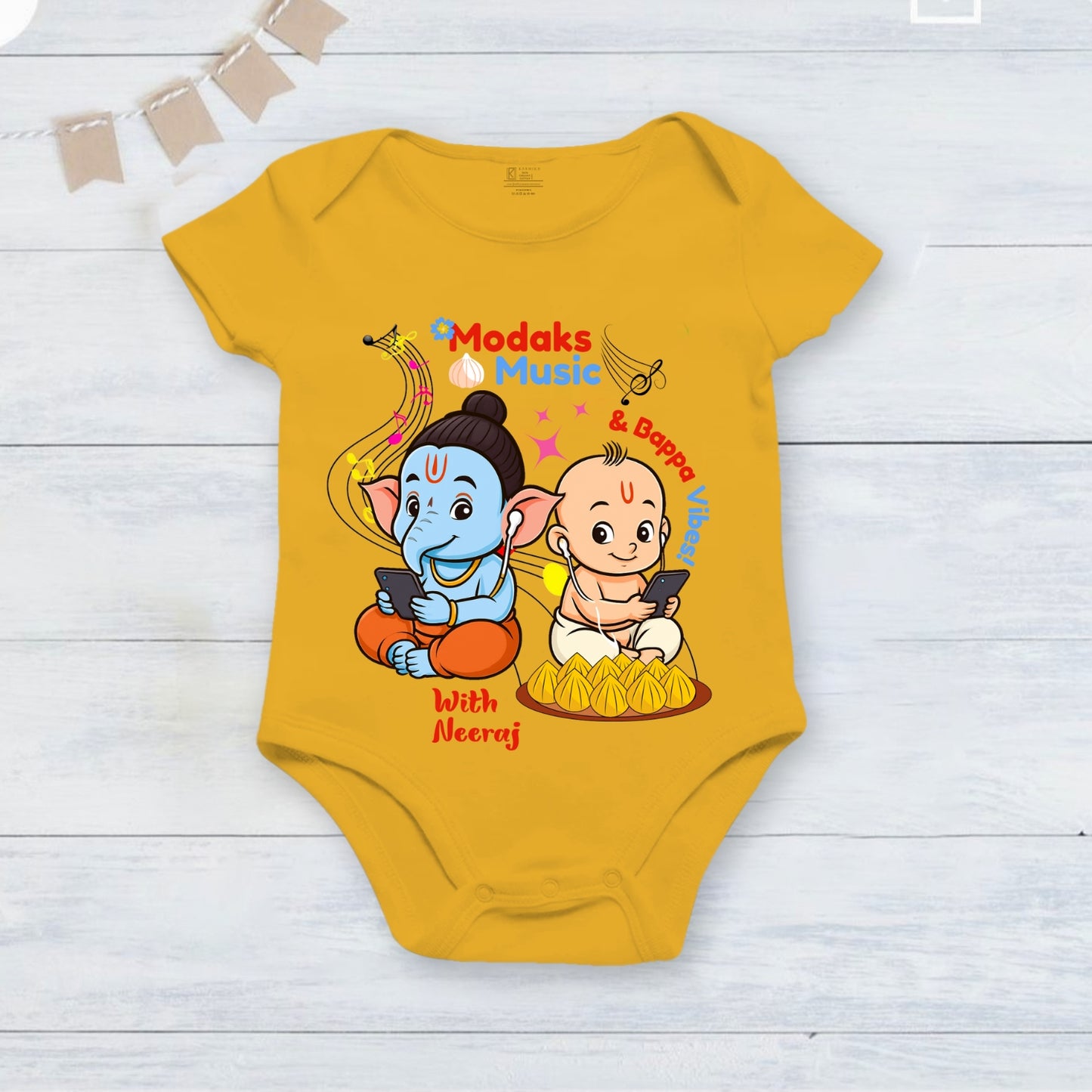 Modak's Music and Bappa Vibes with customised name_ Yellow Onesie