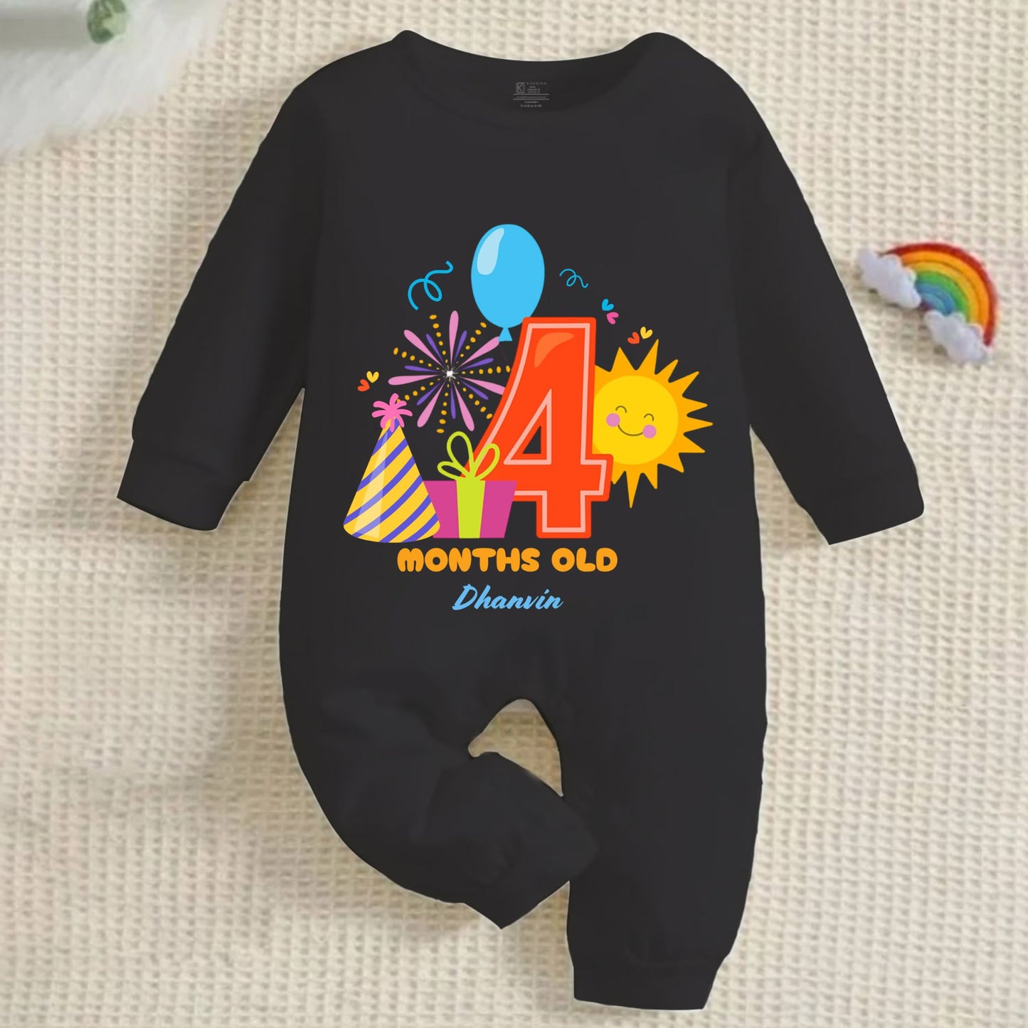4th Infant monthly birthday Months of Love Full Black Onesie with customized baby name
