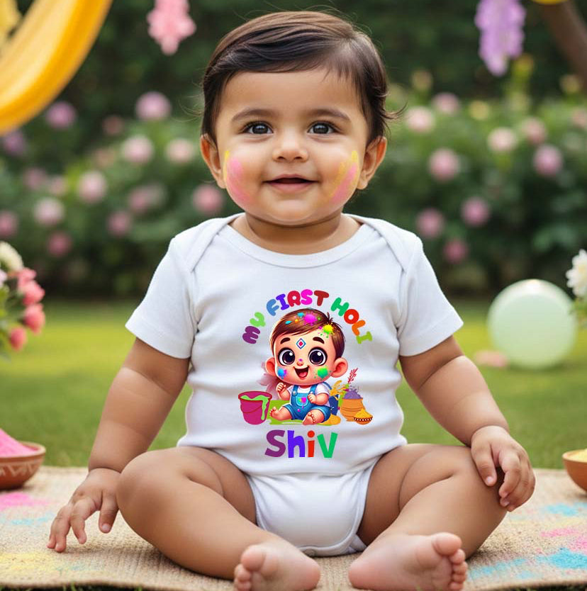 New Born & Baby Clothing | Baby My First Holi Dress with Customized Baby Boy Name | White Soft Cotton