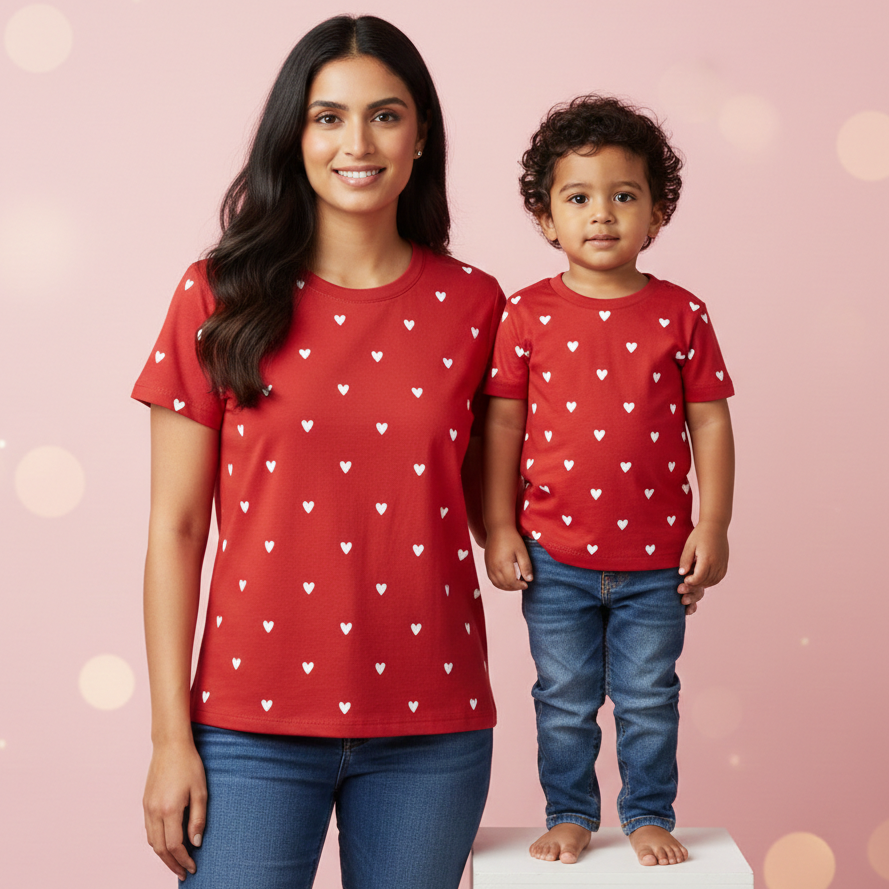 New Born & Baby Clothing | Baby’s First Valentine Outfit – Mom & Kid Red T-shirt Duo | Soft Cotton