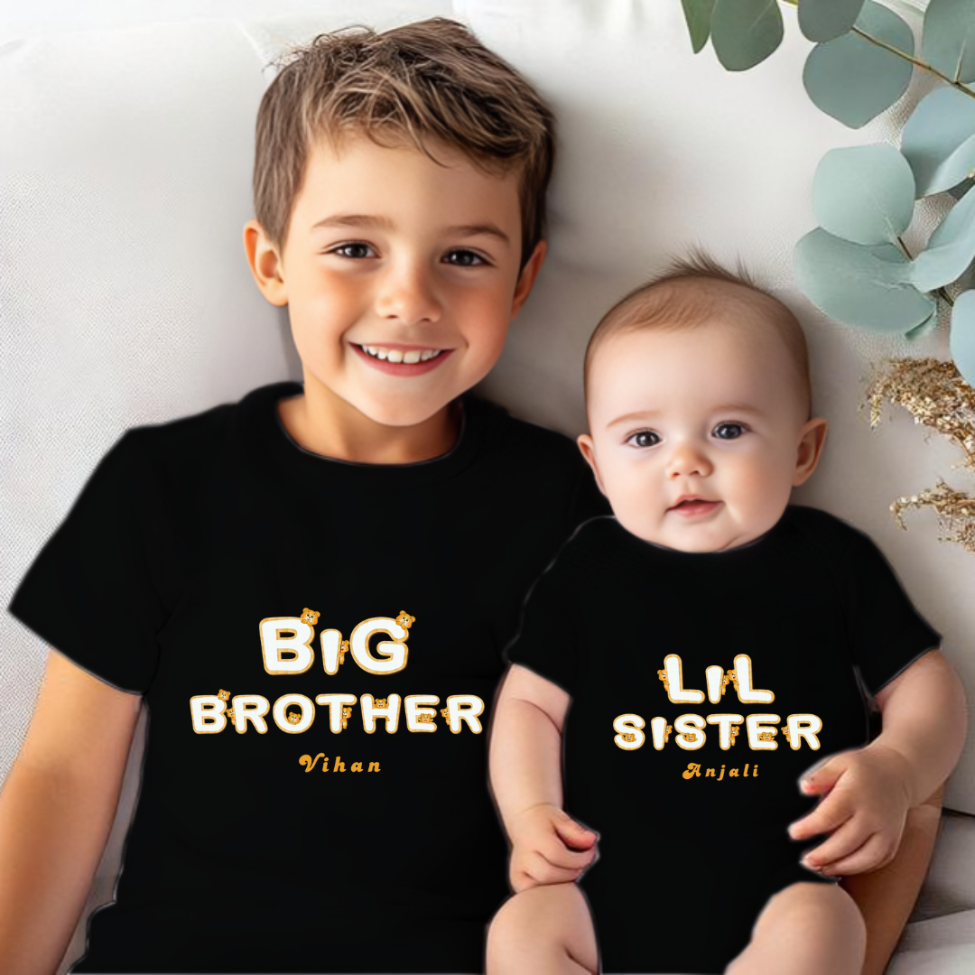 Combo pack of Big Brother, Little Sister with Customised Name_ Black Tees & Onesie