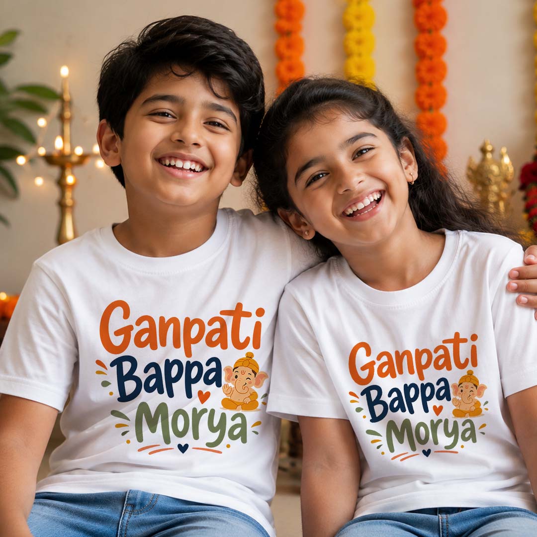 Ganapathi Bappa Moriya Kids Twinning T-Shirt | Ganpati White T-shirt