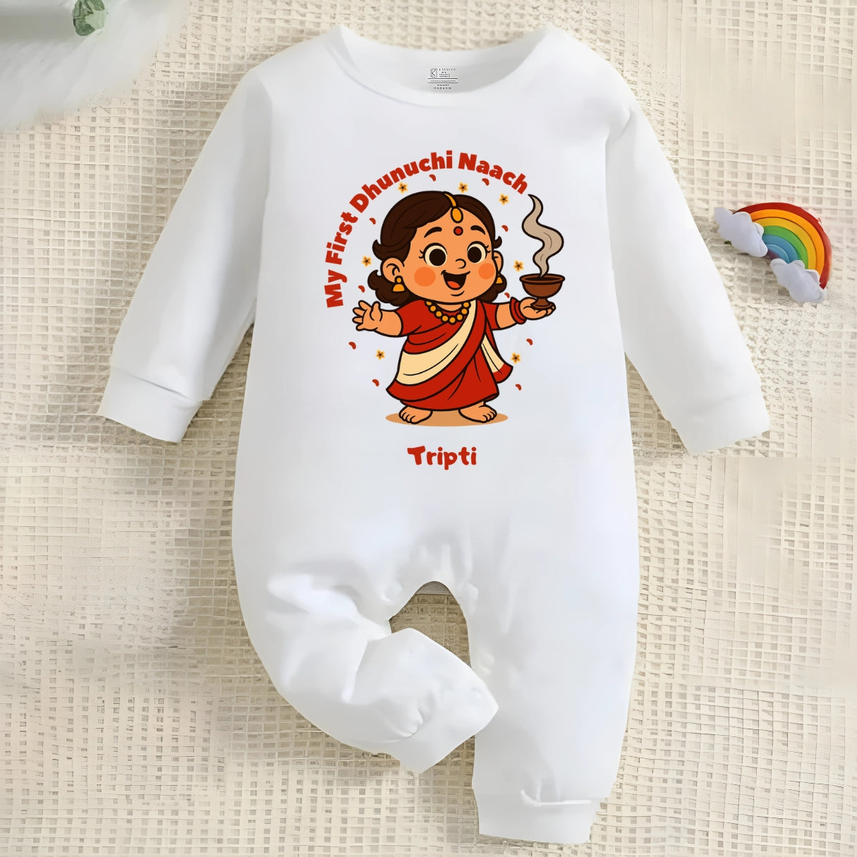My First Dhunuchi Naach with Customized Baby Girl Name _ Full White Romper