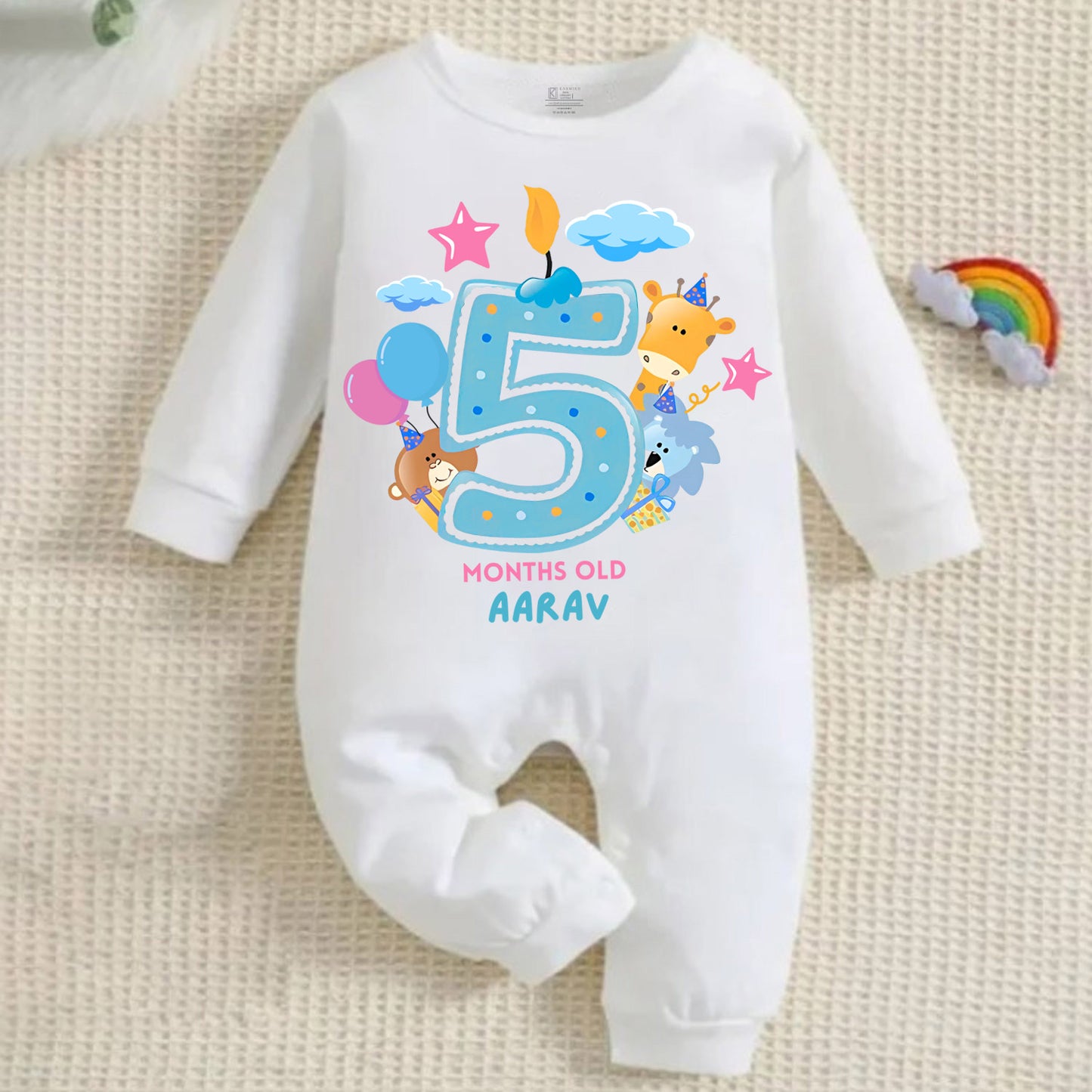 5 Month White Full Romper Candle Design