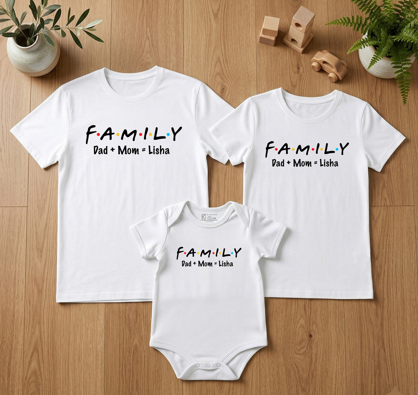 New Born & Baby Clothing | Family Dad+Mom = Kid customized Baby Name T-shirts & Bodysuite White Combo | Soft Cotton