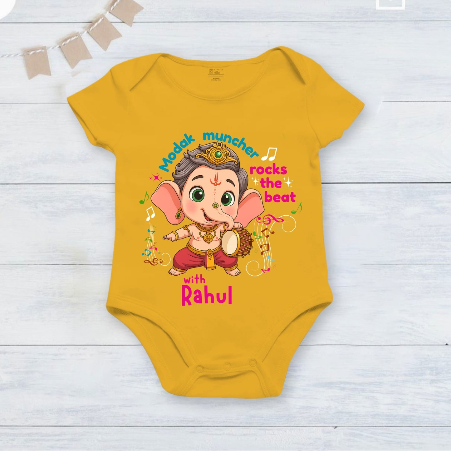 Modak Muncher Rocks The Beat with customised name_ Yellow Onesie
