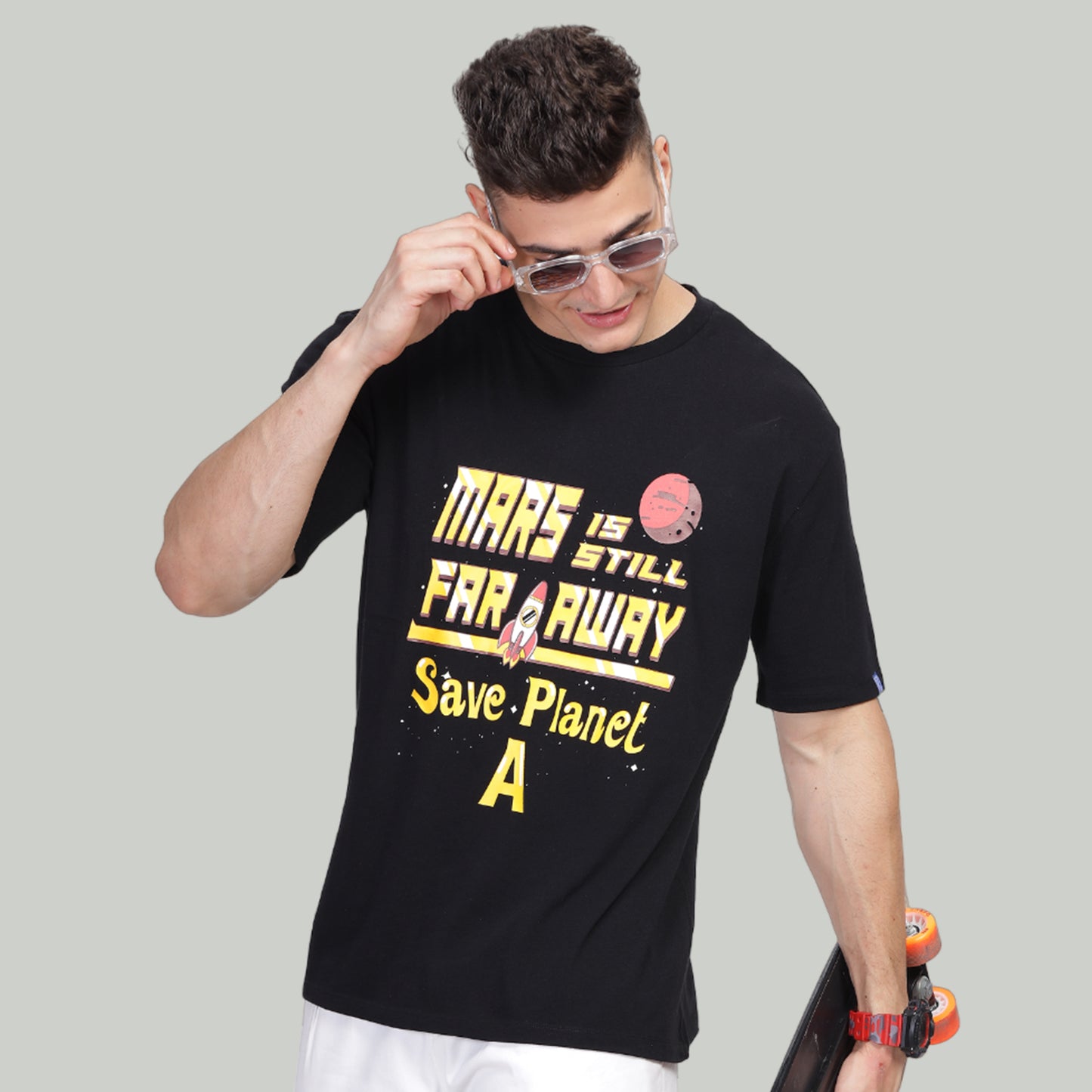 Men Drop-shoulder Loose Fit premium organic cotton Black Mars Tshirt