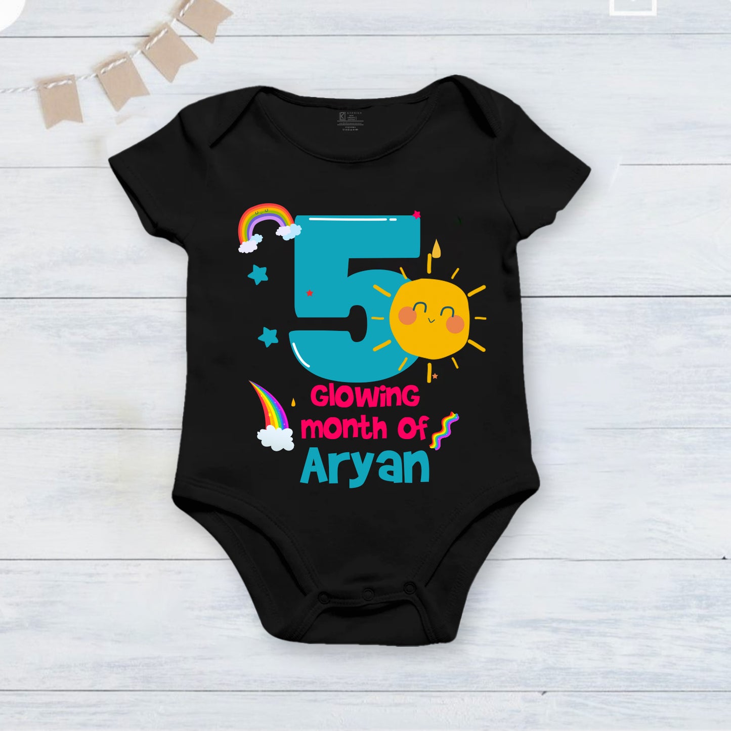 5th Infant monthly birthday_ With Customized Baby Boy's Name Stylish Black Onesies
