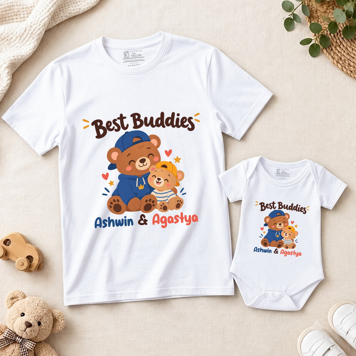 New Born & Baby Clothing | Best Buddies With Custom Baby & Father Name Combo | Soft T-shirt