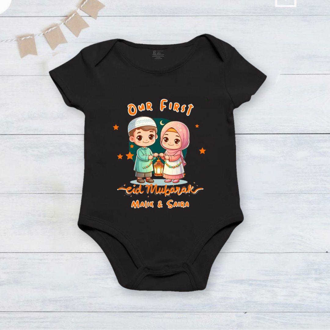Newborn & Baby Clothing | Baby Eid Mubarak Baby's First Eid With Twins With Personalized Name Black Onesies | Soft Cotton