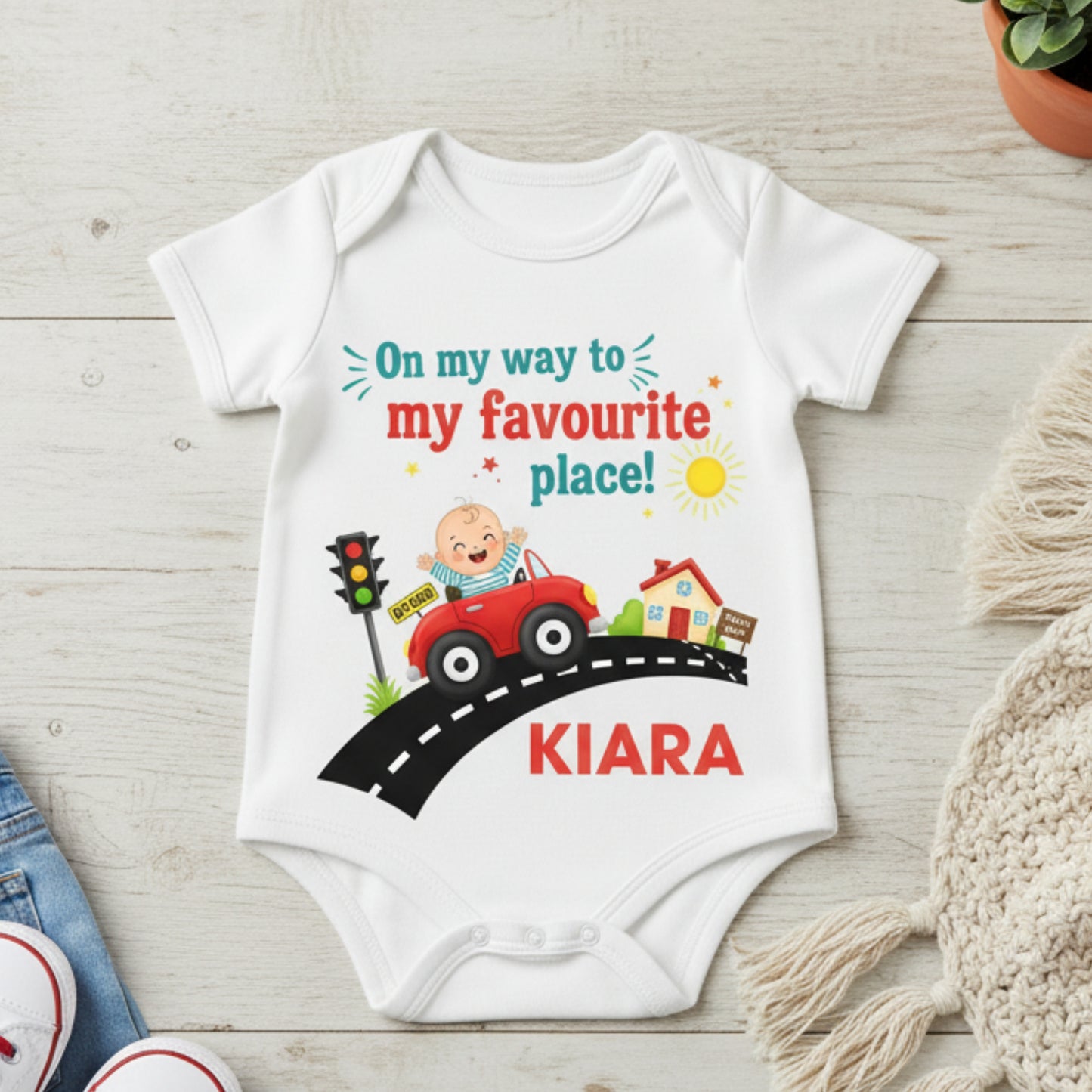 On My Way To My Favorite Place With Customized Baby Name infant onesie_ White