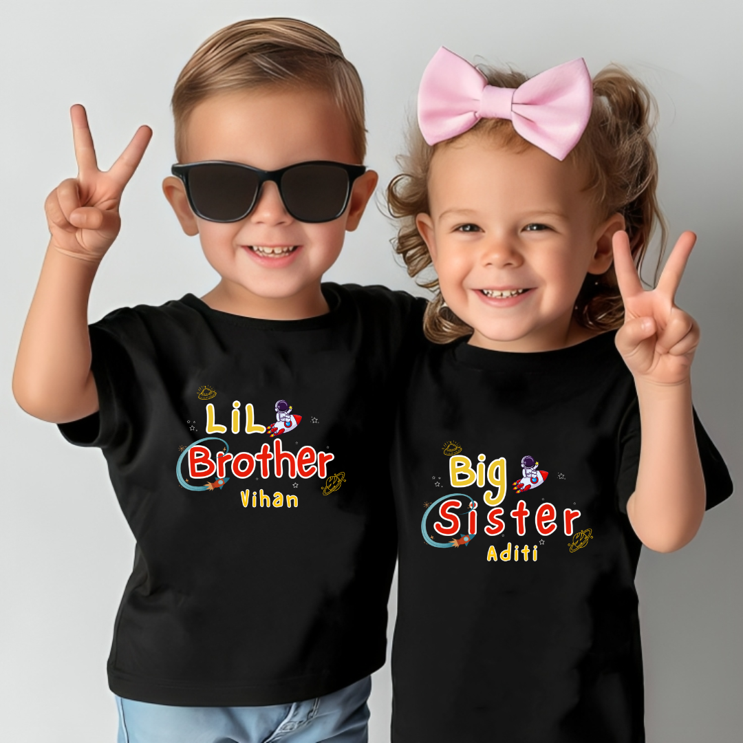 Combo pack of Little Brother, Big Sister with Customised Name_ Black Tees