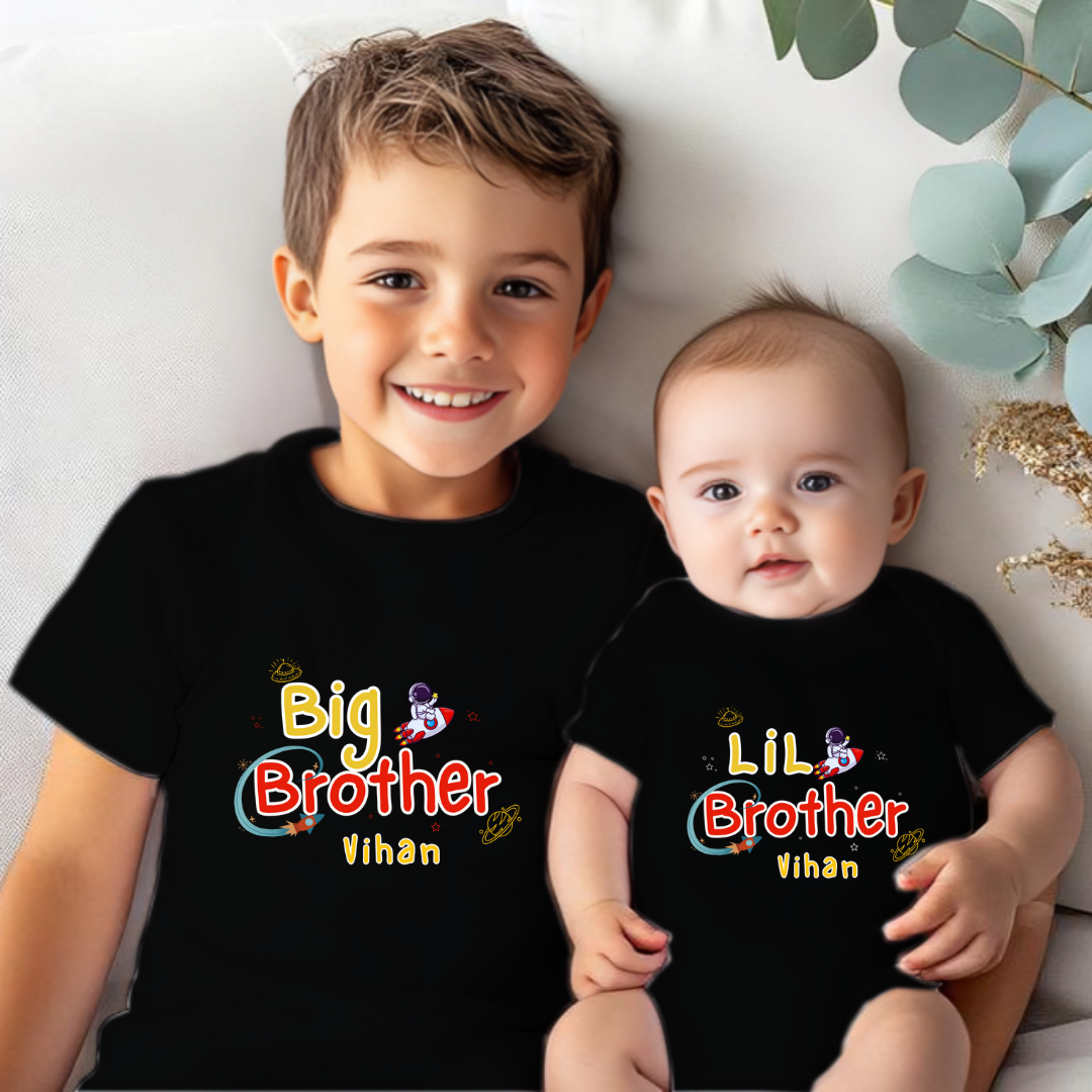 Combo pack of Big Brother, Little Brother astronaut design with Customised Name_ Black Tees & Onesie