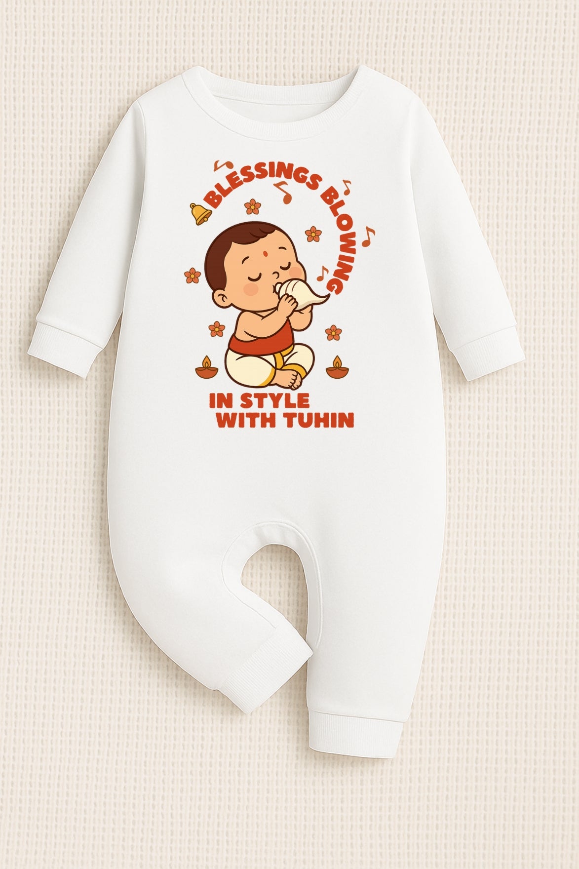 Blessing Blowing In Style With Customized Baby Name _ Full White Romper