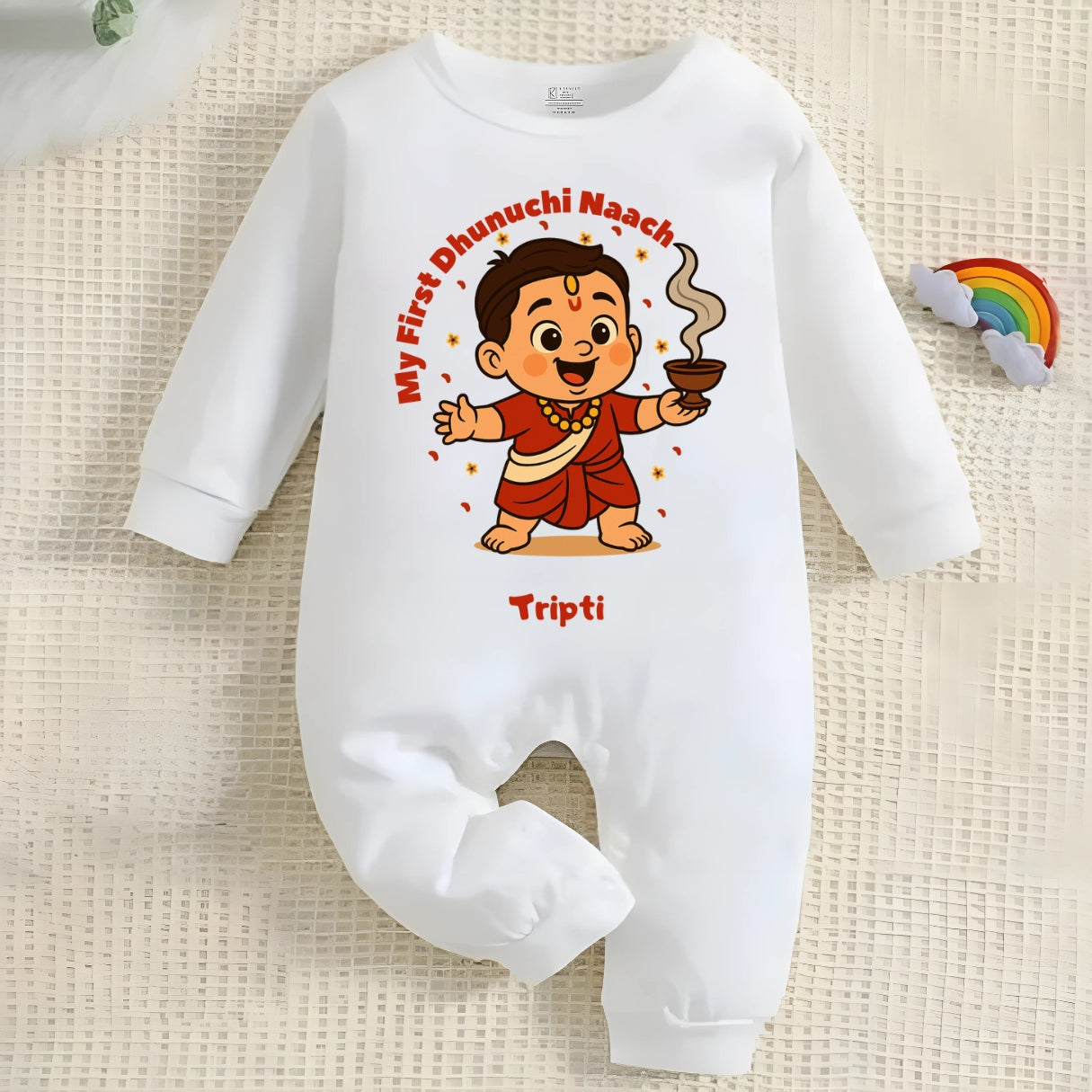 My First Dhunuchi Naach with Customized Baby Boy Name _ Full White Romper