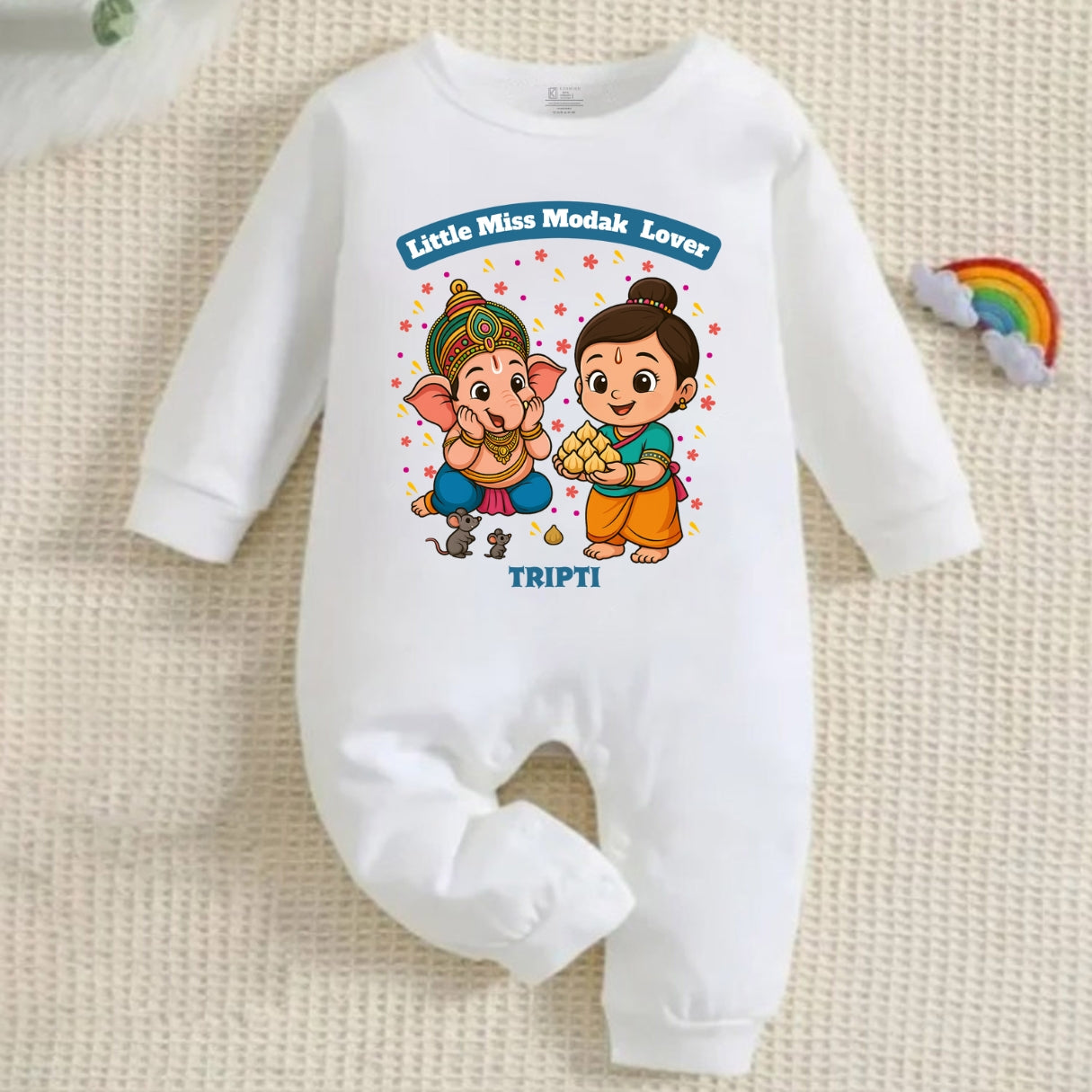 Little Miss Modak Lover with customised name_ Full White Romper
