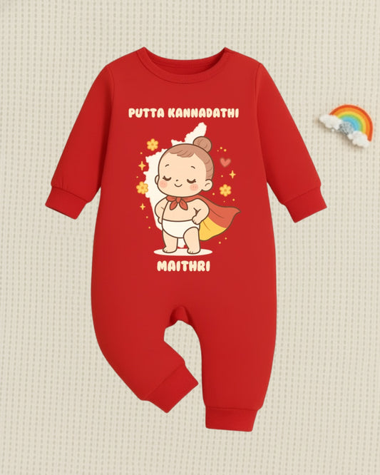 Putta Kaanadiga  With Customized Baby Name 02 _ Red Full Romper