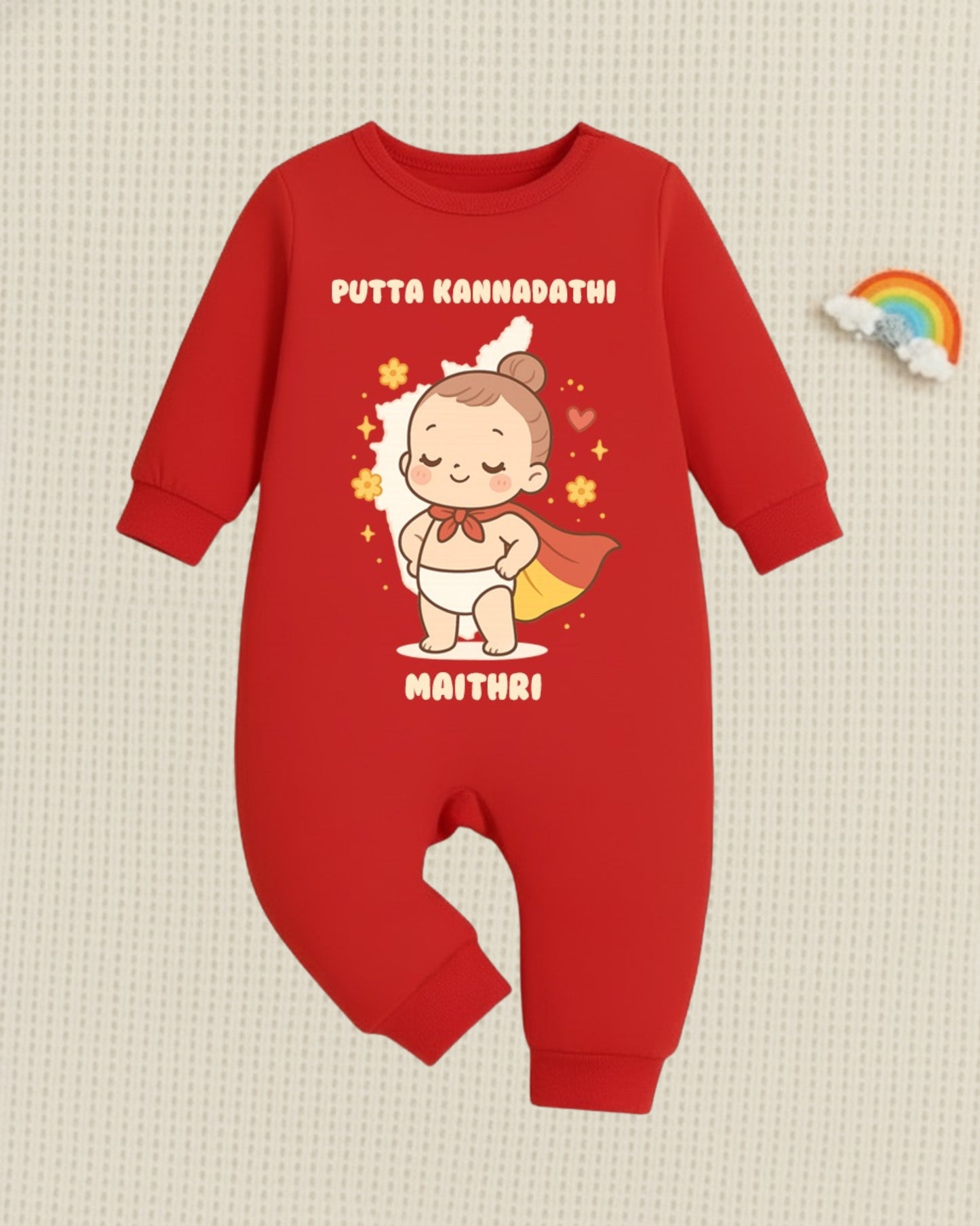 Putta Kaanadiga With Customized Baby Name 02 _ Red Full Romper