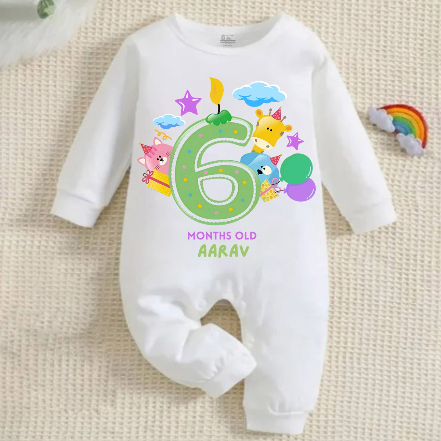 6 Month White Full Romper Candle Design