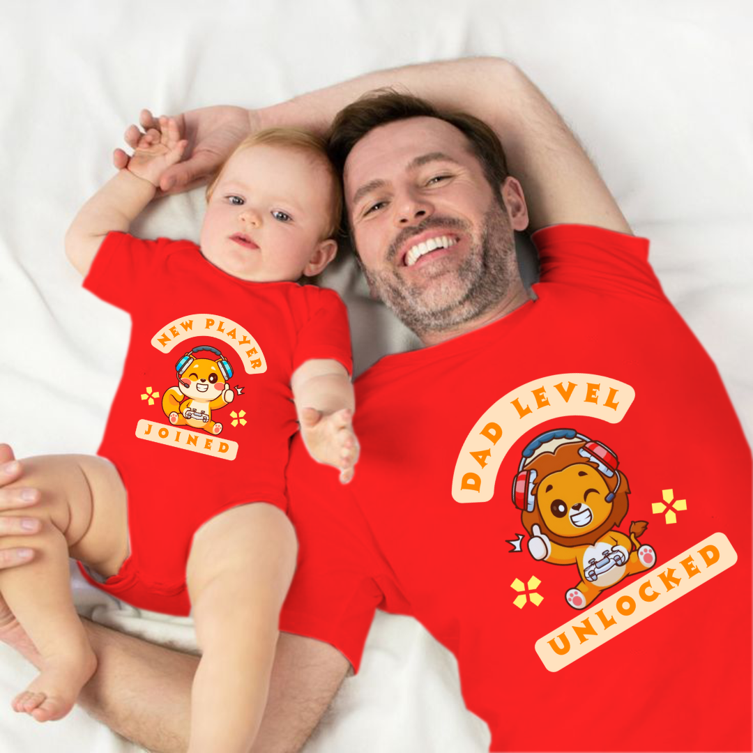 Father's Day Together Twinning Sets Dad Level Unlocked, New player joined T-shirt and onesie _red