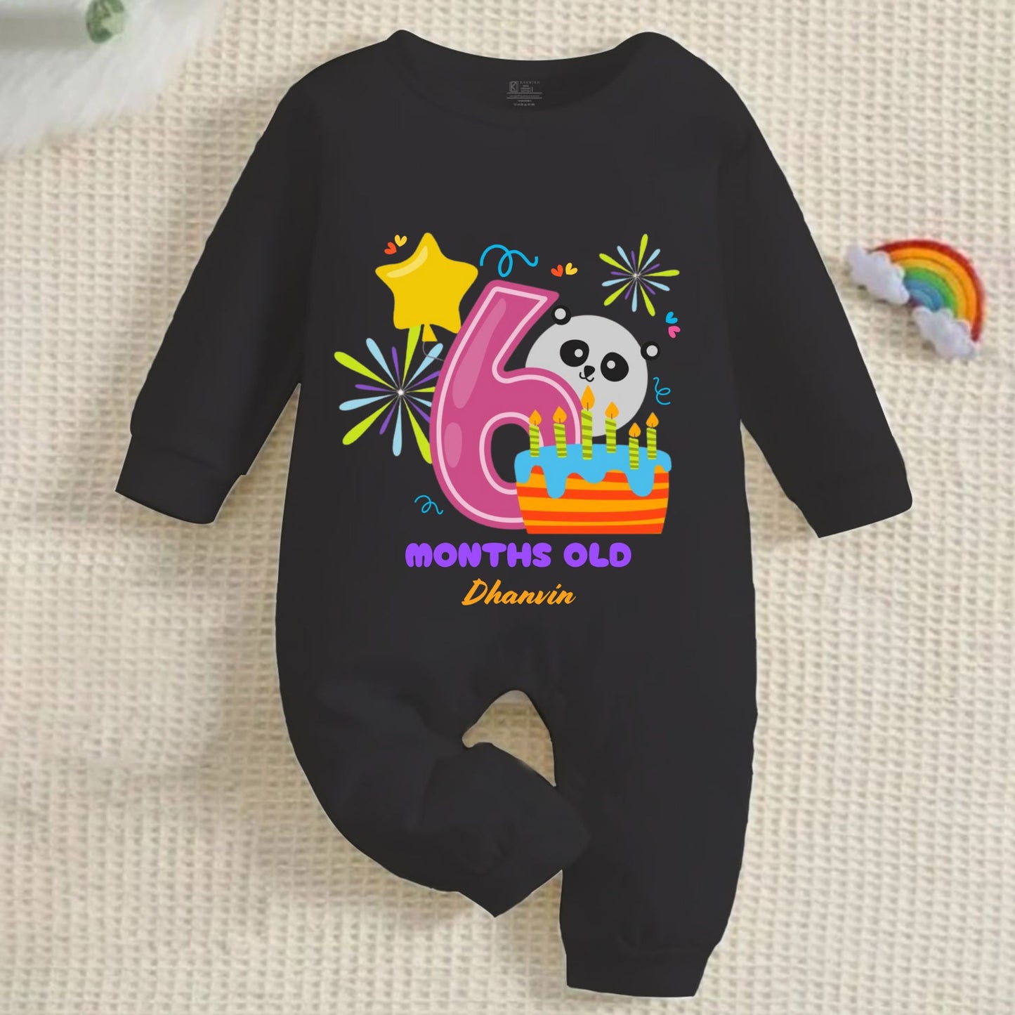 6th Infant monthly birthday Months of Love Full Black Onesie with customized baby name