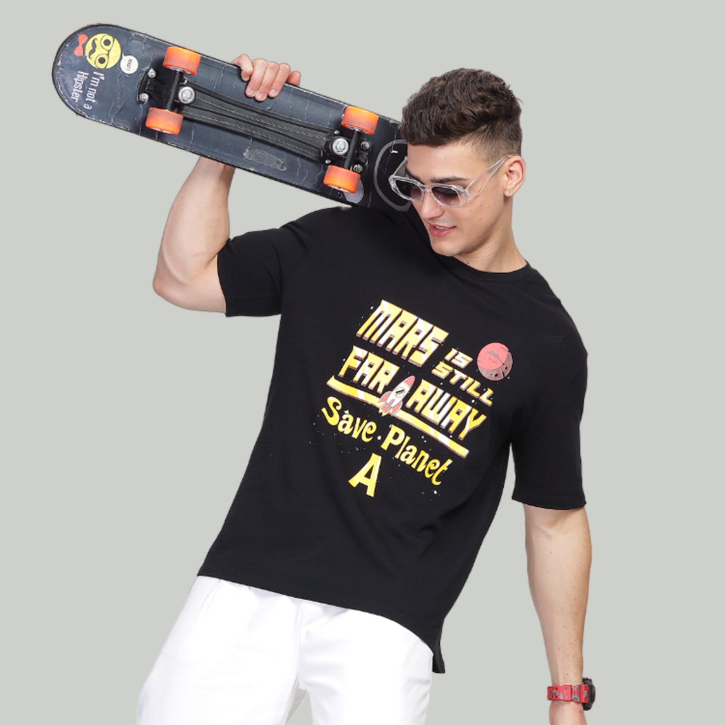 Men Drop-shoulder Loose Fit premium organic cotton Black Mars Tshirt