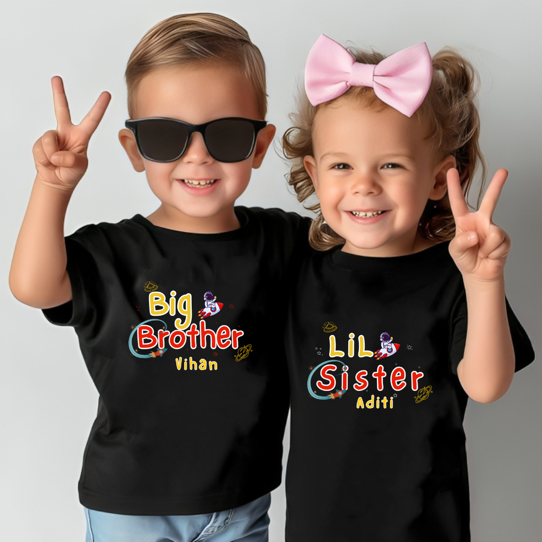 Combo pack of Big Brother, Little Sister with Customised Name_ Black Tees