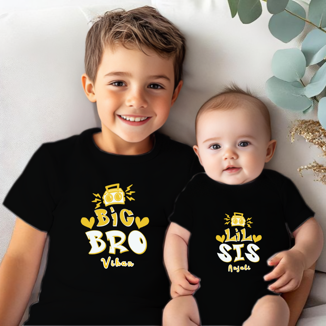 Combo pack of Big Brother, Little Sister with Customised Name_ Black Tees & Onesie
