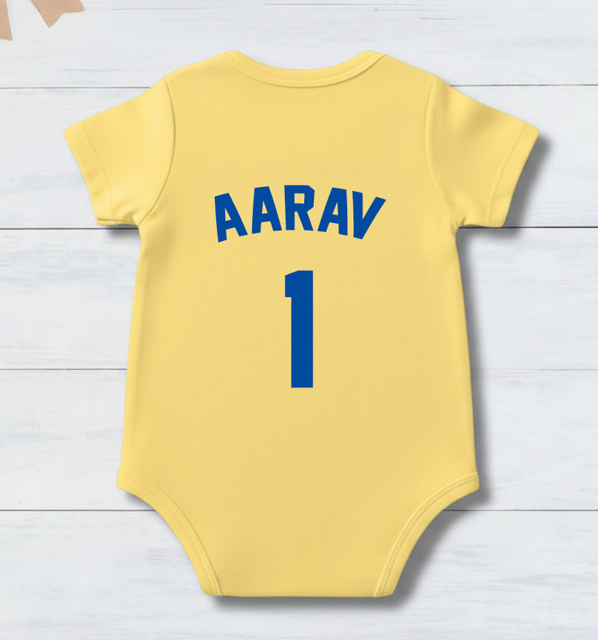 New Born & Baby Clothing | Baby’s CSK Whistle Podu With Customized Baby Name Yellow Bodysuit | Soft Cotton