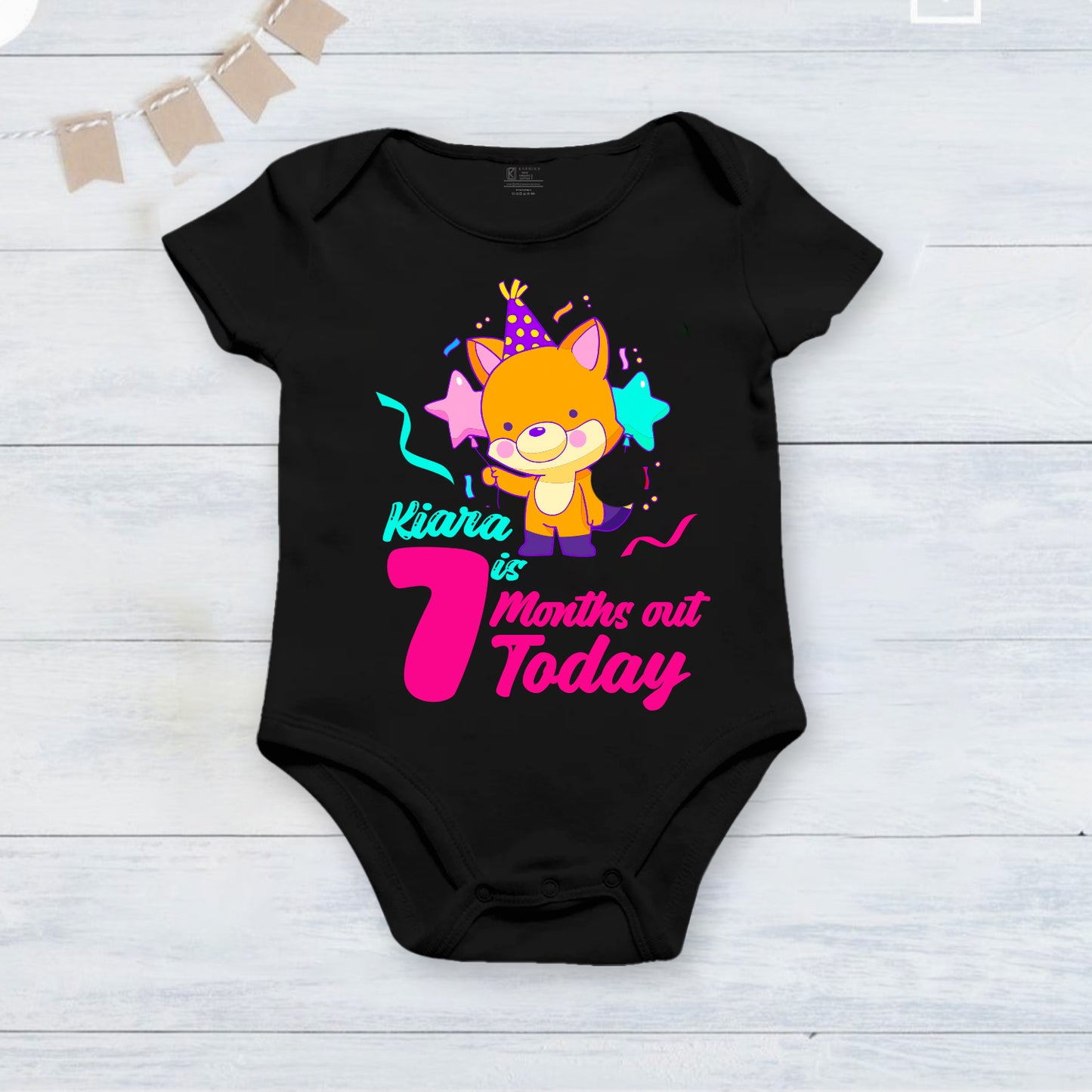 7th Month Of Love and Happiness Black onesies With Customized Baby Girl Name