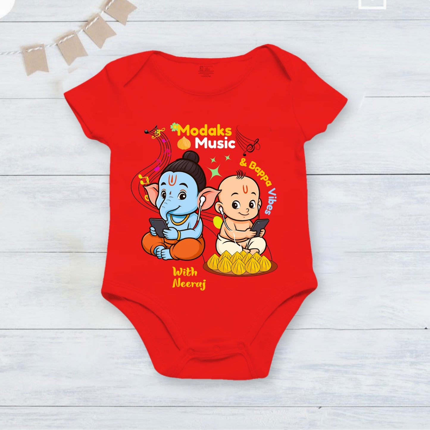 Modak's Music and Bappa Vibes with customised name_ Red Onesie