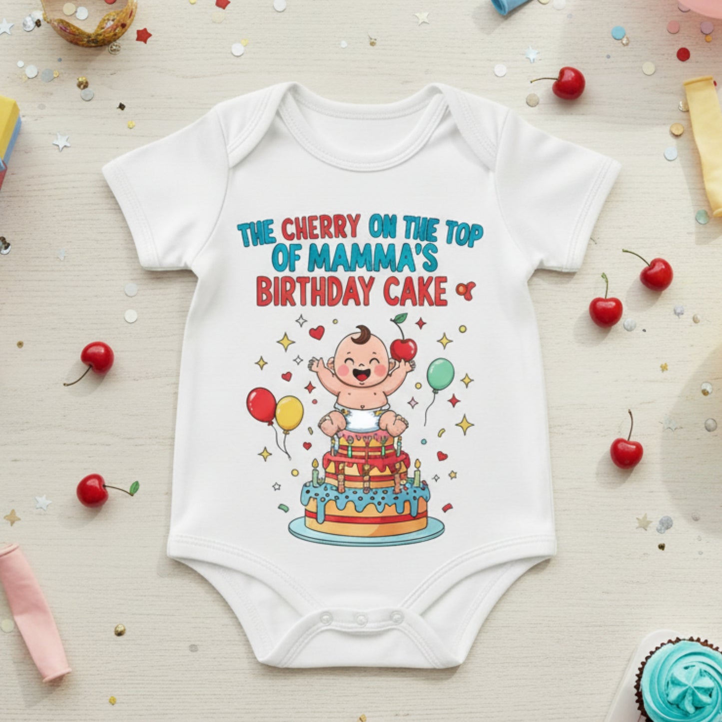 The Cherry On The Top Of Mamma's Birthday Cake Baby Name infant onesie_ White