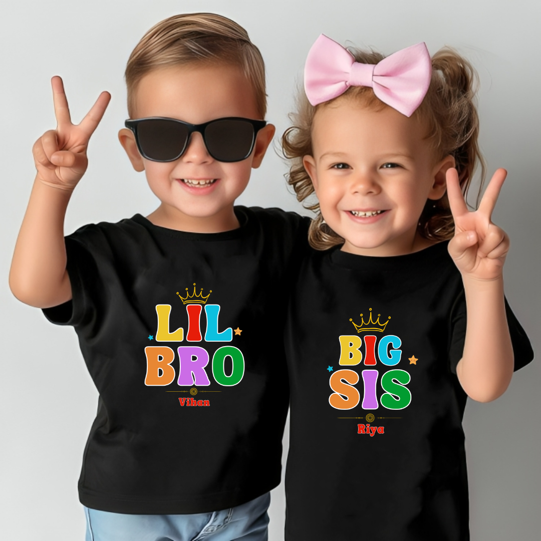 Combo pack of Little Brother, Big Sister with Customised Name_ Black Tees