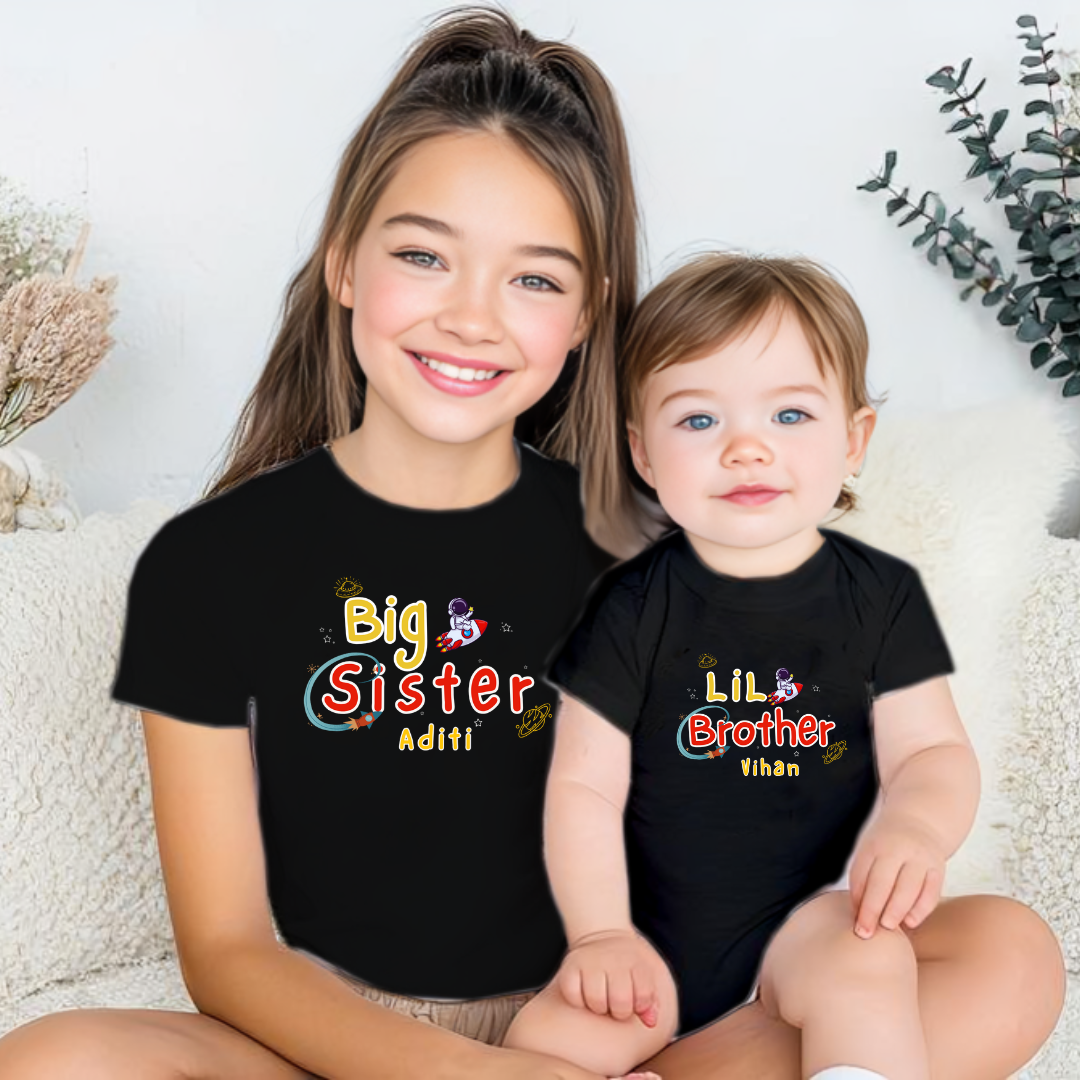 Combo pack of Big Sister, Little Brother astronaut design with Customised Name_ Black Tees & Onesie