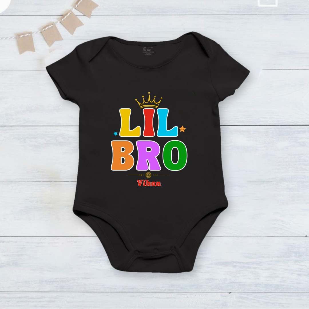 Rakhsha Bandhan as Little Brother crown design with customised name _ Black Onesie
