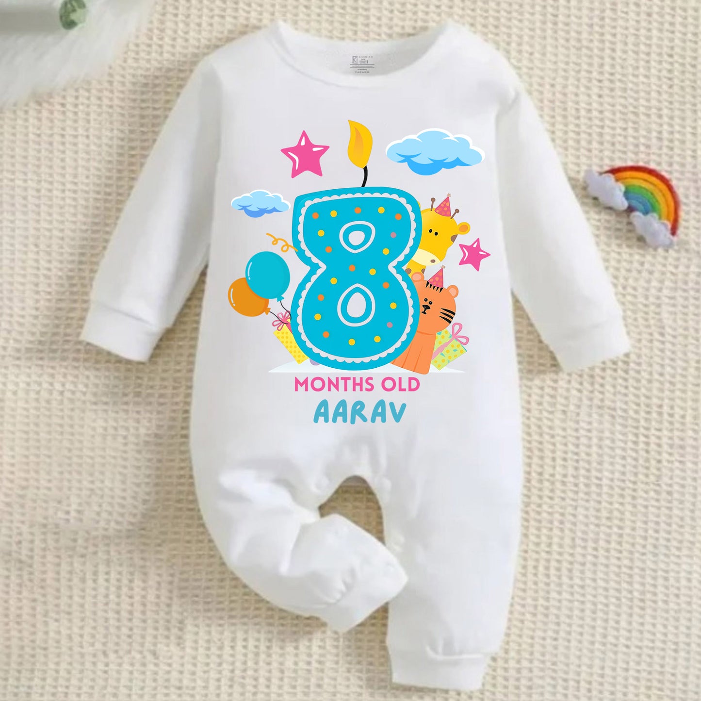 8 Month White Full Romper Candle Design