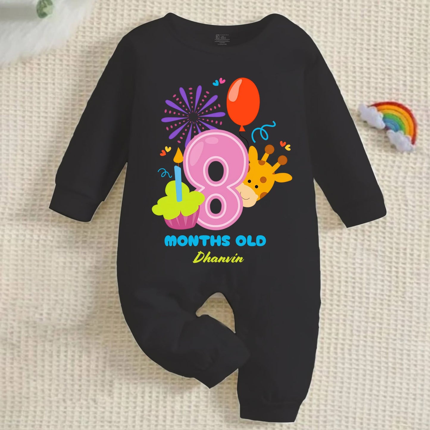 8th Infant monthly birthday Months of Love Full Black Onesie with customized baby name